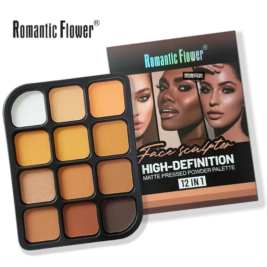Deep Skin 12-Color Matte Contour Palette - Full Coverage All-In-One Highlighter Shading & Powder Face Makeup Kit