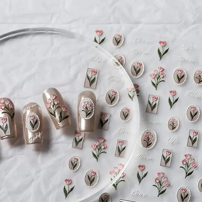 1piece 5Dcute tulip flower nail stickers high quality self-adhesive embossed nail art decals for girls summer decoration sticker