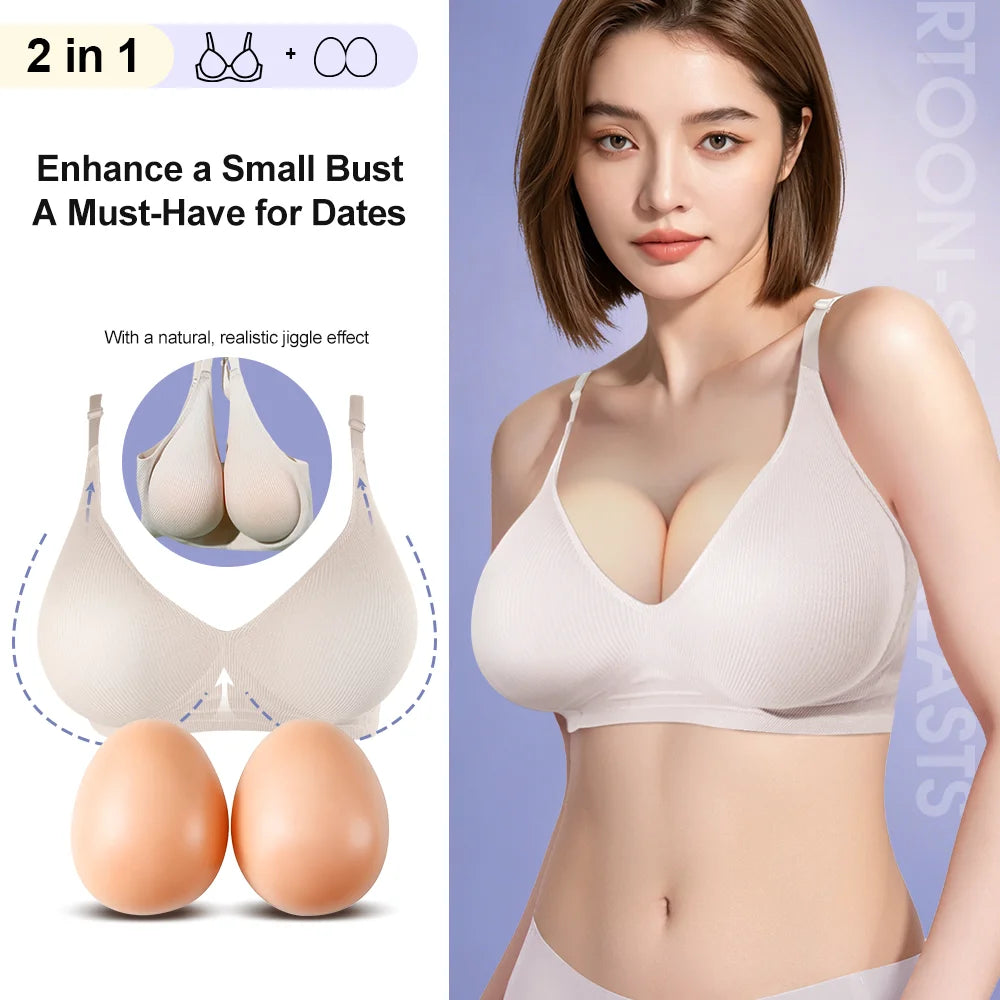 Women's Silicone Fake Boobs Form Underwear 2-In-1 Fake Breasts With Bra For Breast Enlargement Pad Chest Becomes Big