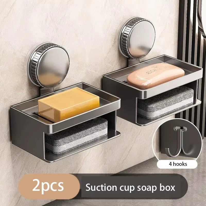 Soap Box Wall Mounted Suction Cup Aluminum Drain Rack For Bathroom Washroom Toilet Vanity Countertop Storage Organizer Soap Box