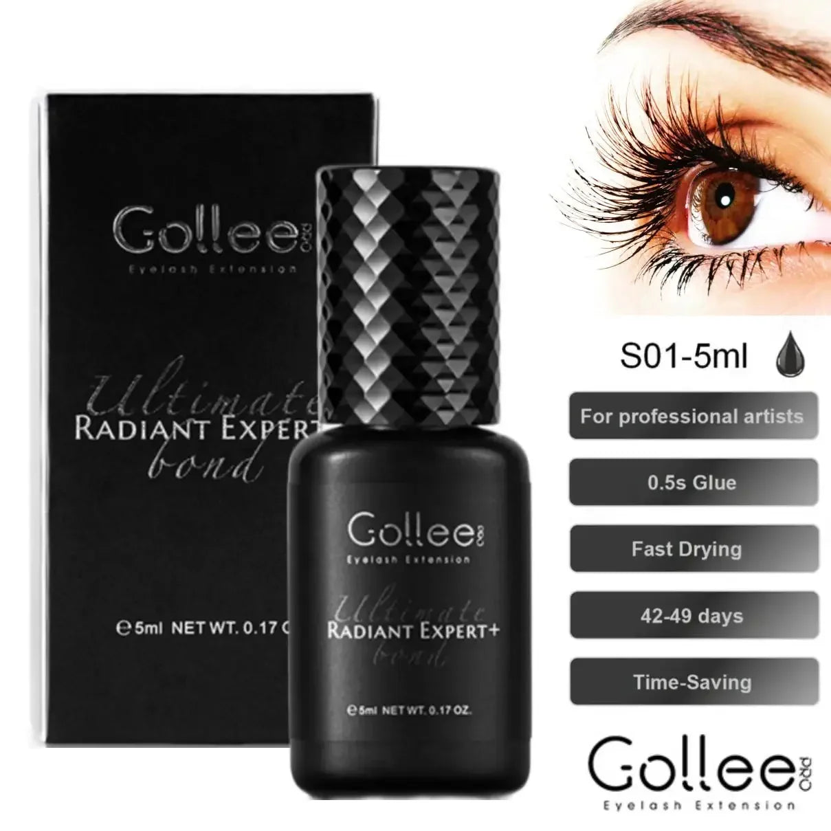 Gollee 0.5S Glue for Eyelashes Extra Strong Glue 50-60days Black Eyelash Glue Lash Extension Supplies Adhesive for Eyelash