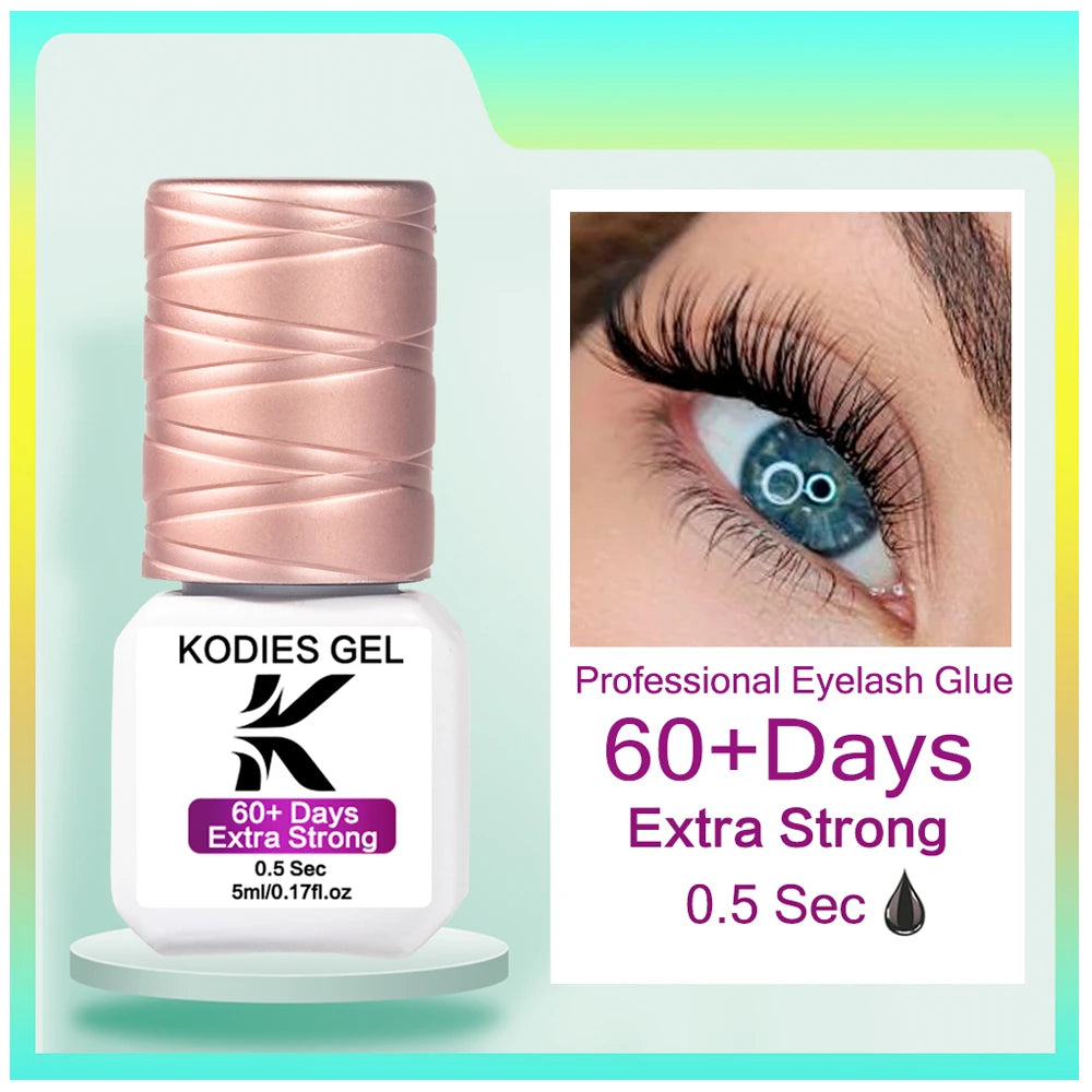 KODIES GEL Extreme Hold Eyelash Glue Professional Lash Glue Extensions Supplies 0.5 Sec Black 8-9 Week Retention Adhesive Bonder