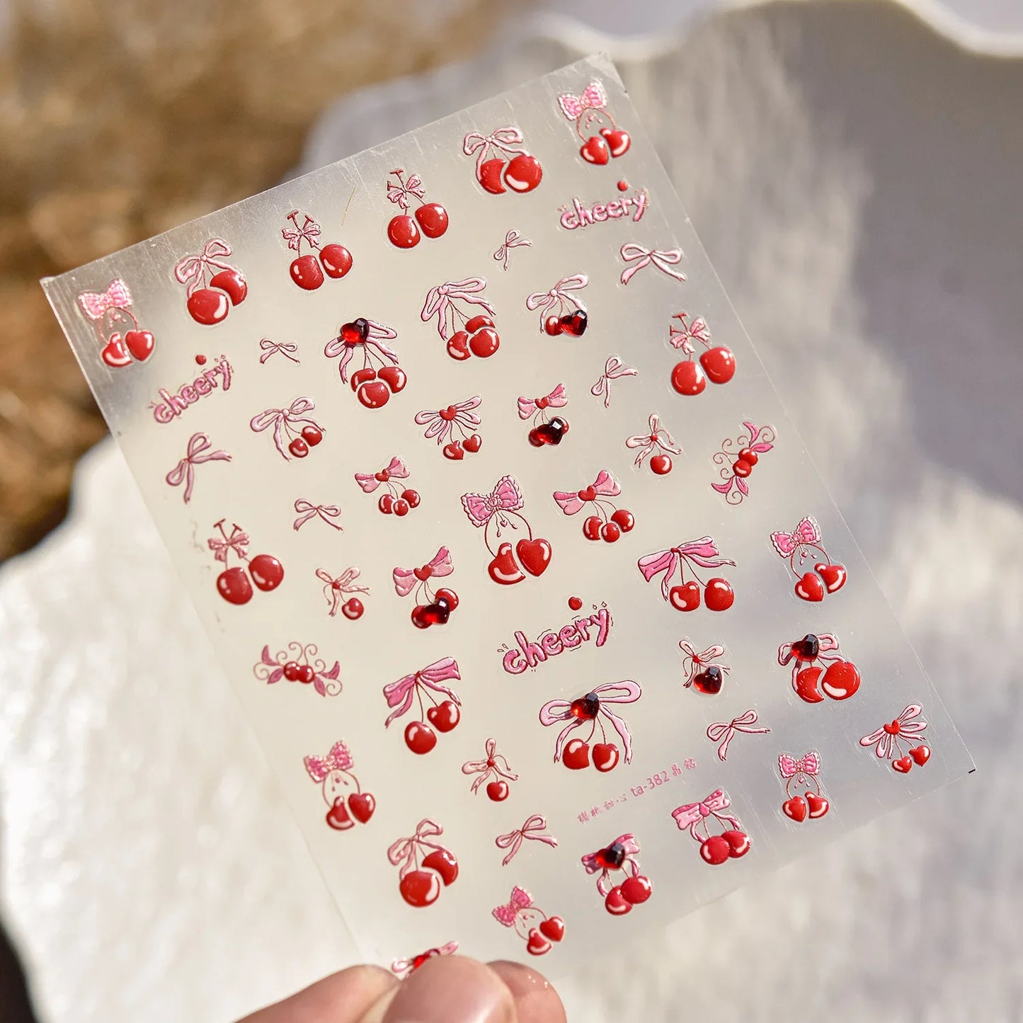 Pink Pudding Cherry Bowknot Heart shaped Star Claw Print Sweet Self Adhesive 5D Nail Art Decoration Sticker Manicure Decal DIY