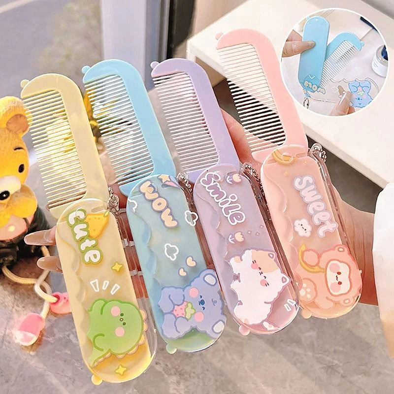 1pc Cute Cartoon Bear Mini Girl Hair Brush Hair Comb with Mirror Small Portable Hand Kid Girl Hair Brush Hair Access random