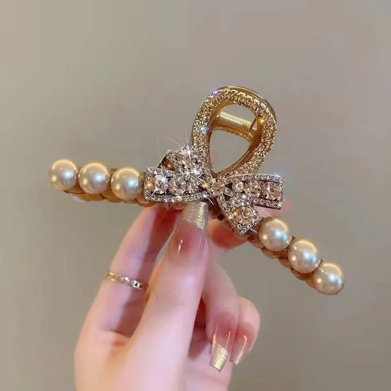 Luxury Gold Crystal Bow Pearl Hair Claw Clip, Elegant Rhinestone Decorated Non-Slip Jaw Clip, Glamour Hair Accessory for Women