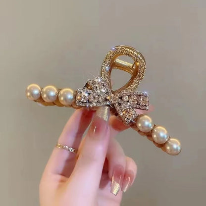 Luxury Gold Crystal Bow Pearl Hair Claw Clip, Elegant Rhinestone Decorated Non-Slip Jaw Clip, Glamour Hair Accessory for Women