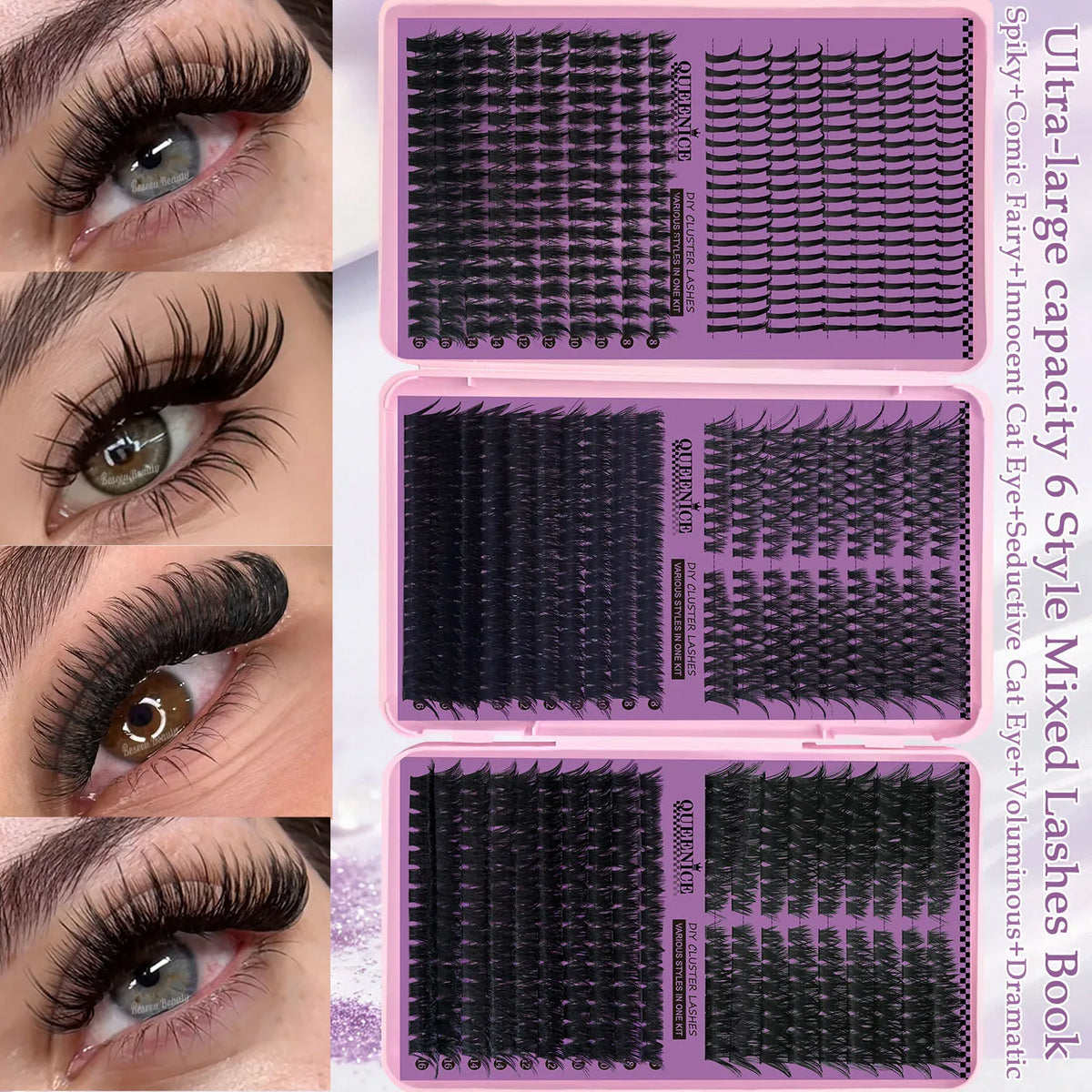 DIY Cluster Lashes 3‑Fold Eyelash Book Large Capacity 6 Styles Mixed Individual Lashes 8‑16mm Spiky Manga Cat Eye Lash Extension