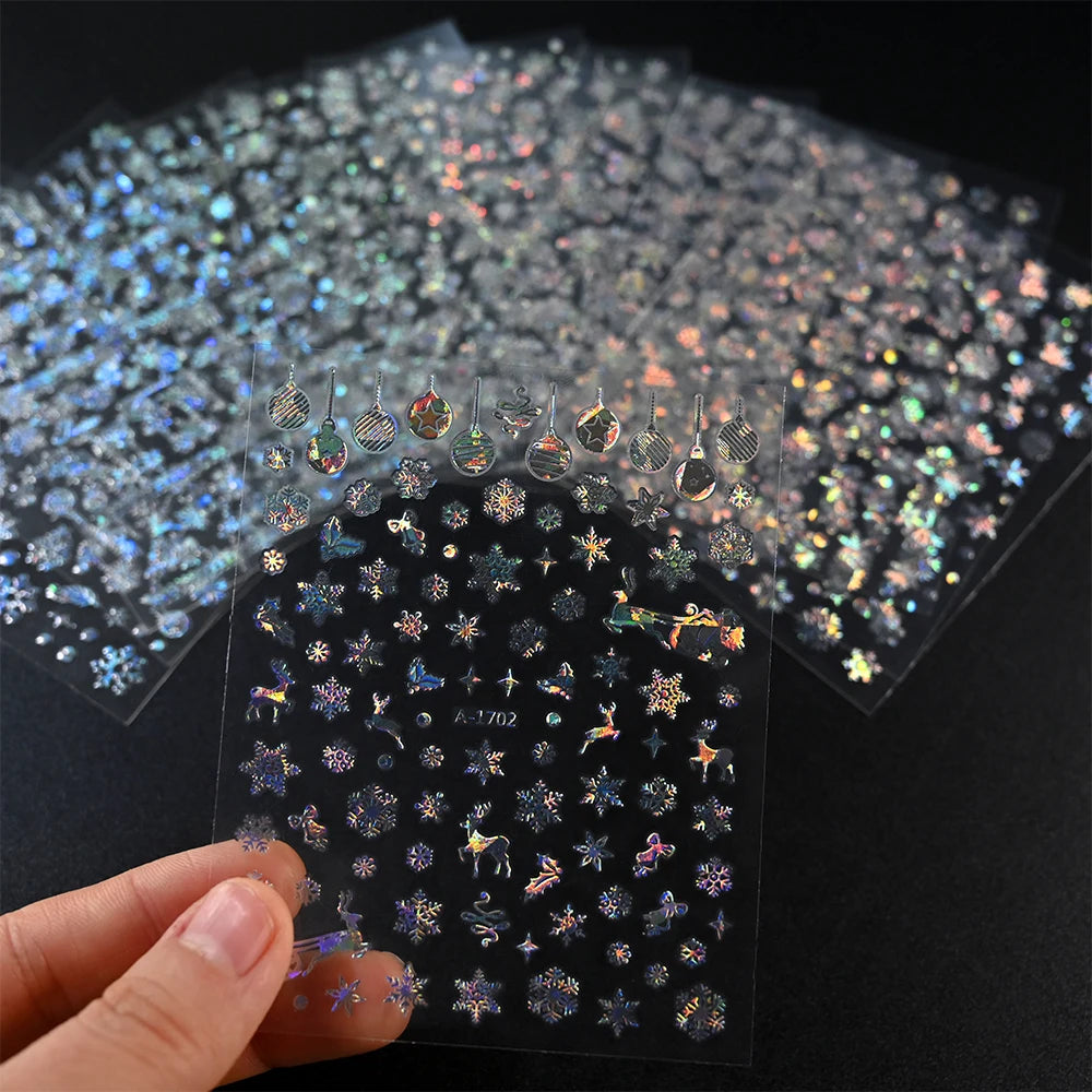 12sheets Laser Sliver Snowflakes/snowballs 3D Christmas Nail Art Decals Dreame Laser Santa Claus Snowman Nail Stickers Charms﻿