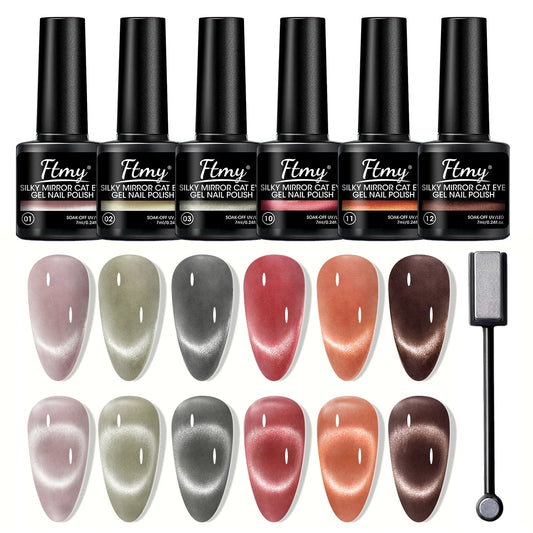 6 Piece Magnetic Cat's Eye Gel Nail Polish Set - Vibrant, holographic shades with magnetic wands, perfect for DIY jelly crystal
