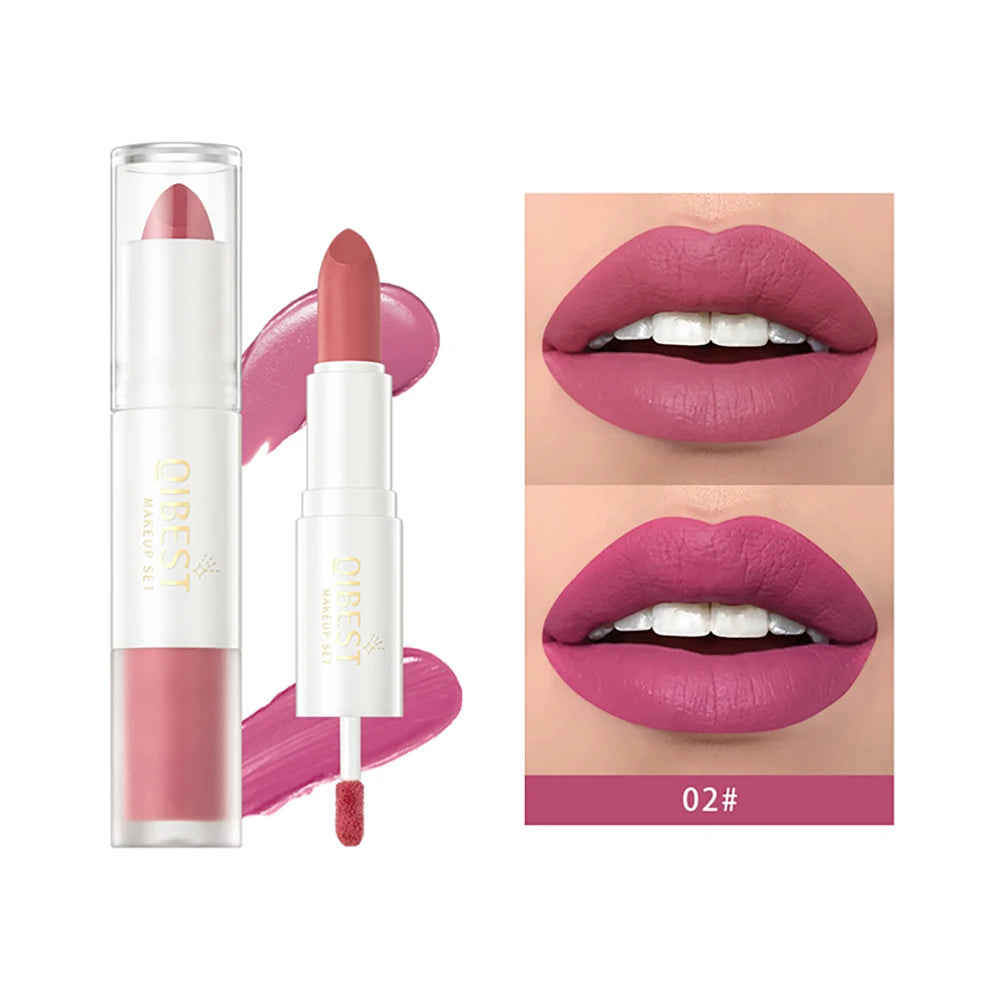 QIBEST 2 In 1 Matte Lipstick Lip Gloss Makeup Double Head Lip Satin Sexy Red Purple Lipgloss Long Lasting  Lip Tint Makeup