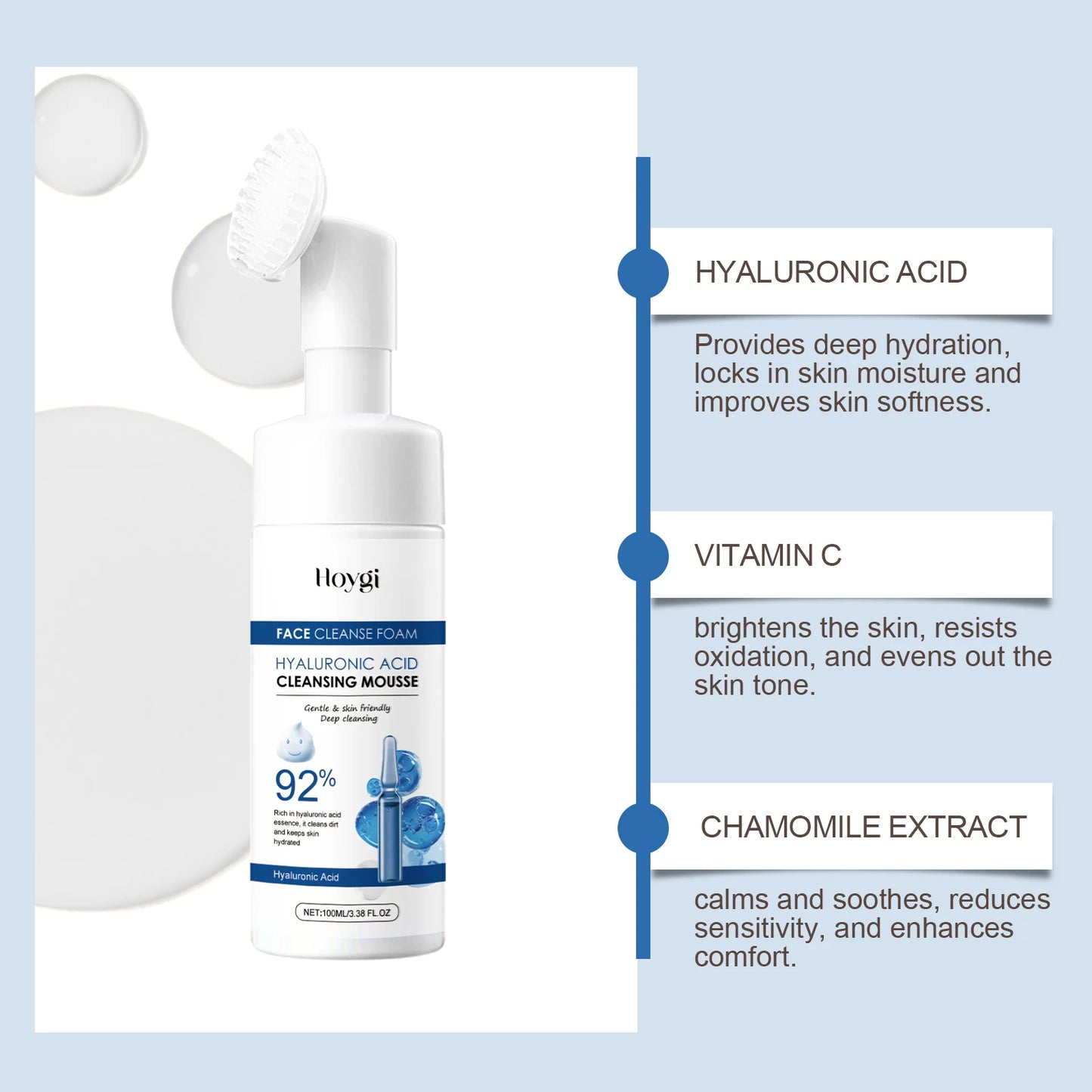 Hyaluronic Acid Cleansing Foam Gentle Moisturizing Face Wash for Sensitive Skin, Hydrating Daily Skincare, Non-Irritating