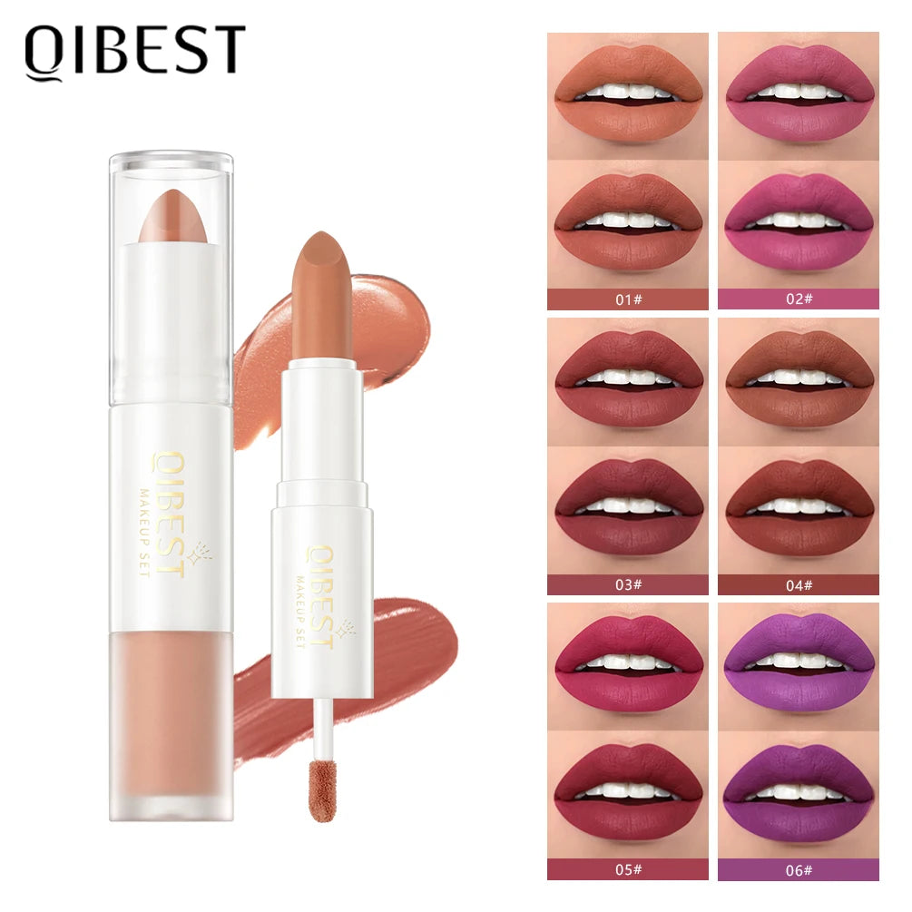 QIBEST 10 Colors 2 in 1 Matte Lipstick Lip Gloss Cosmetics Waterproof Double Head Red Purple Lipstick Long Lasting  Lips Makeup