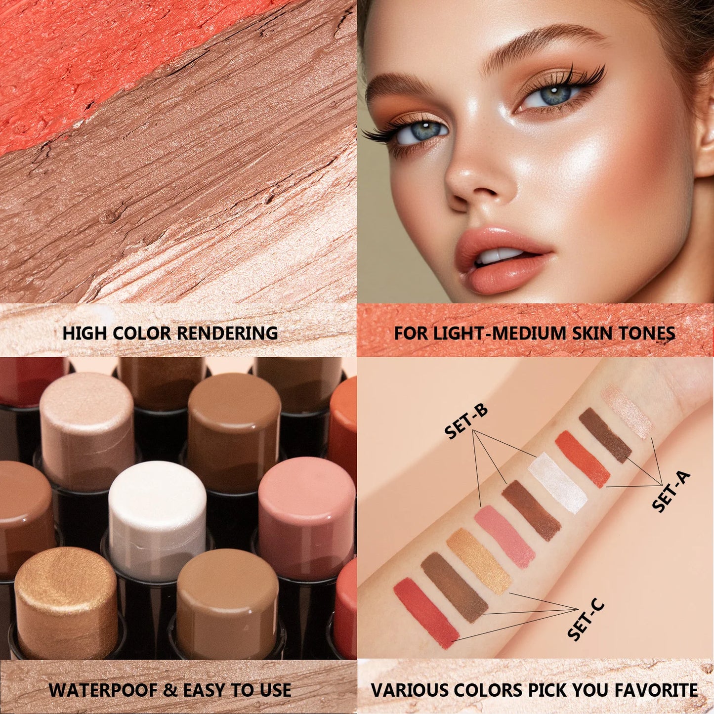 4pcs Contour Stick, Highlighter Stick, Blush Stick 4pcs Cream Contour Kit with Contour Brush, Create Face Contour, Non-greasy