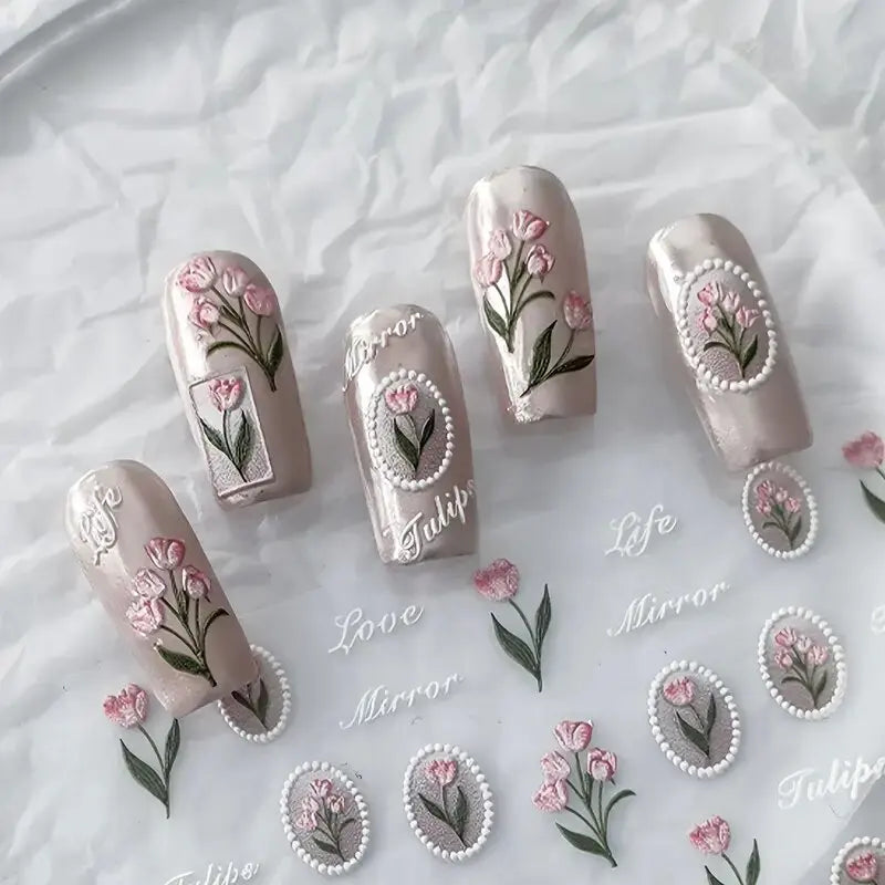 1piece 5Dcute tulip flower nail stickers high quality self-adhesive embossed nail art decals for girls summer decoration sticker