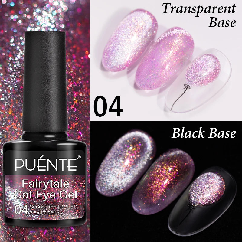 PUENTE 7.5ML Golden Gems Cat Magnetic Gel Nail Polish Pink Brown Blue Colors Golden Glitter Cat Eye Soak Off UV Nail Art Varnish