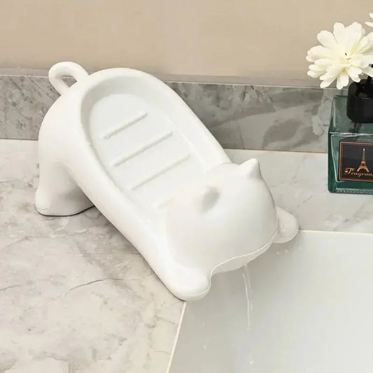 Decorative Plastic Soap Holder with Drainage, Cute Cartoon Cat Soap Dish for Bathroom, Ideal Storage for Soap and Sponges