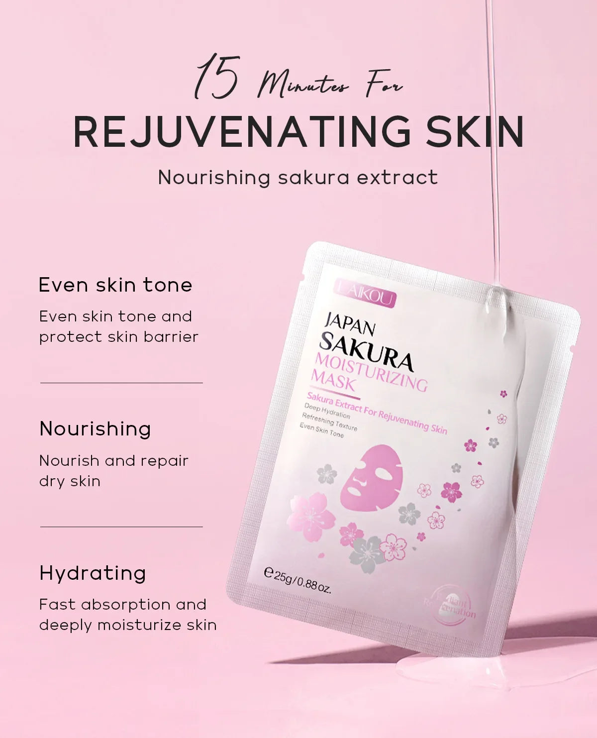 Laikou Sakura Facial Mask, Hydrating & Brightening Sheet Mask for Moisturized and Radiant Face Masks Skin Care Cosmetics 25g