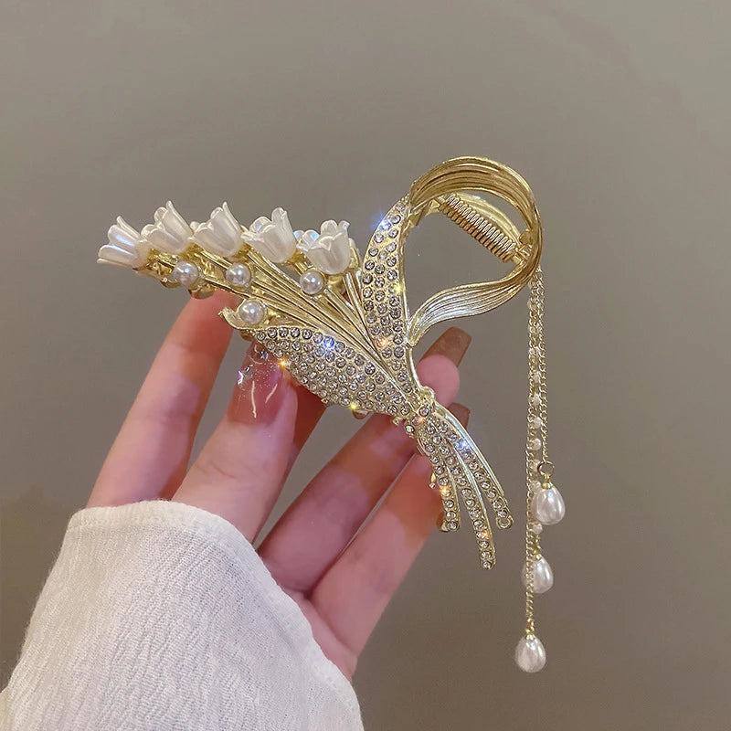Rhinestone Tassel Hair Claw Golden Bow Flower Hair Clip Hairpin For Women Elegant Ponytail Fashion Hair Accessories