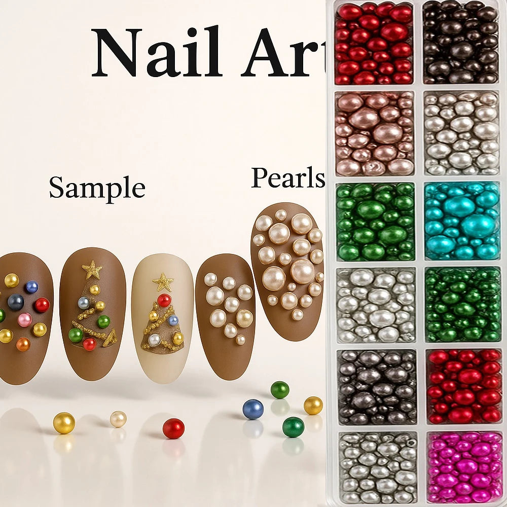 12Grids Christmas Red/Green Pearl Nail Rhinestone Mixed Size Pearlescent Colorful Beads Nali Charms Christmas Manicure Jewelry A