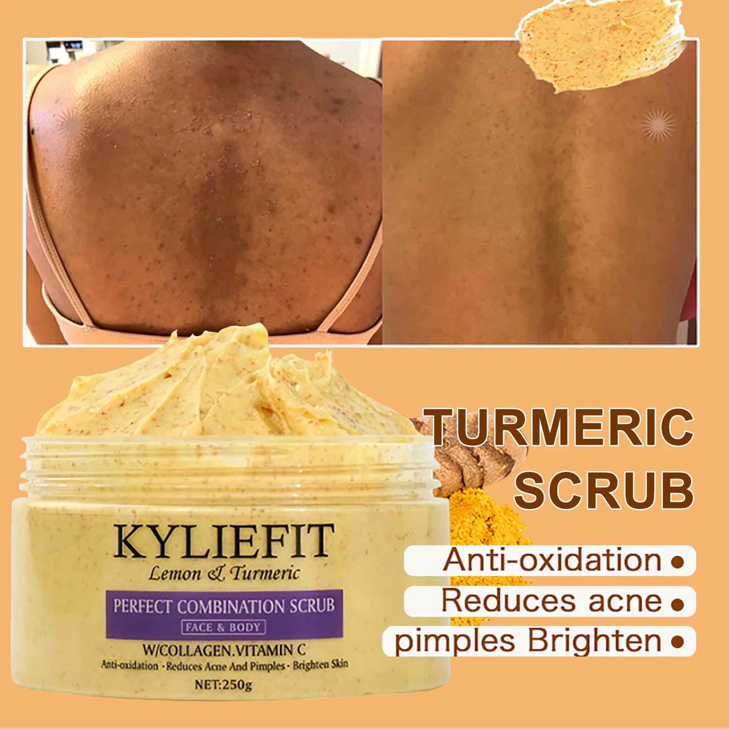 Natural Turmeric Scrub, For Face & Body, Brightening, Reduce Acne, Clean And Smooth Skin, Deeply Exfoliates, 250g/8.8 oz