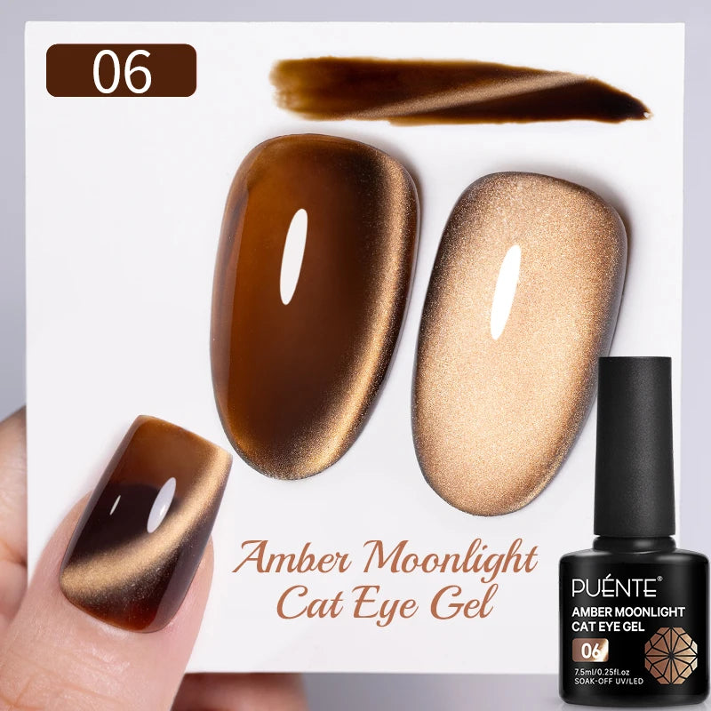 PUENTE 7.5ML Golden Gems Cat Magnetic Gel Nail Polish Pink Brown Blue Colors Golden Glitter Cat Eye Soak Off UV Nail Art Varnish