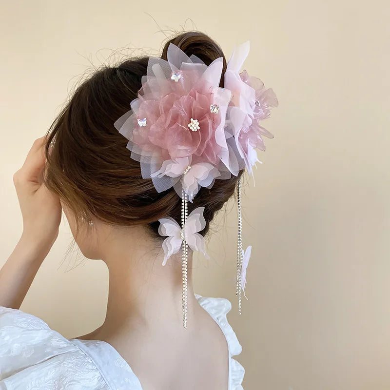 Neo Chinese Style Green Bow Butterfly Hair Claws Clips For Women Imitation Pearl Long Ribbon Tassel Grips Acrylic Shark Clip
