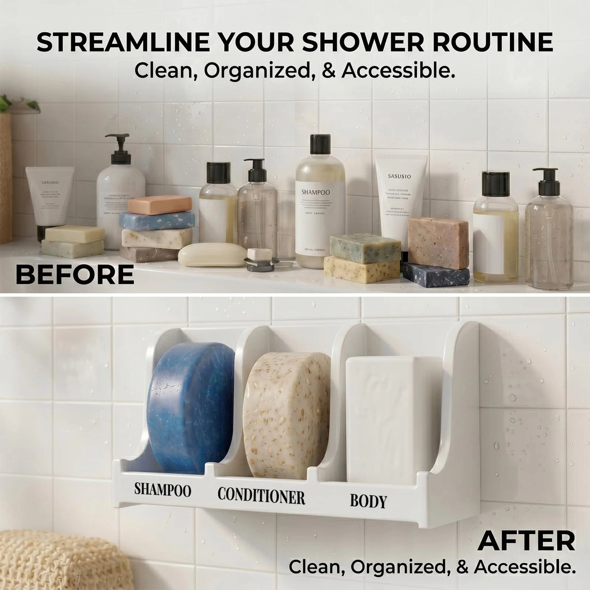 Soap Holder for Shower Wall, 3-Compartment Soap Dish,Fast Draining, Strong Adhesive for Long-Term Bathroom Use & Freestanding