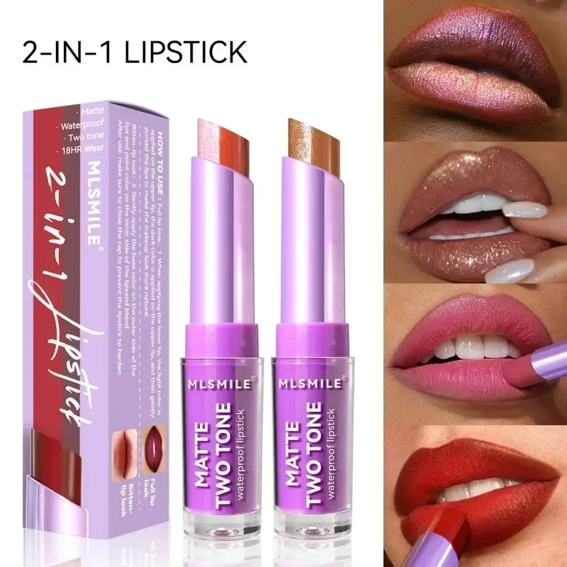 2 in 1 Matte Two Tone Waterproof Lipstick Long-lasting High-Pigment Color Lipliner Lipsticks Bitten-lip Gradual Change Lip Color