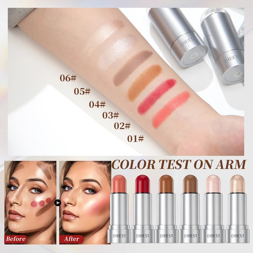 QIBEST New Highlight For Face Waterproof Soft Cream Texture Bronzer Contour Stick Face Blusher For Cheek Beauty Makeup Cosmetics