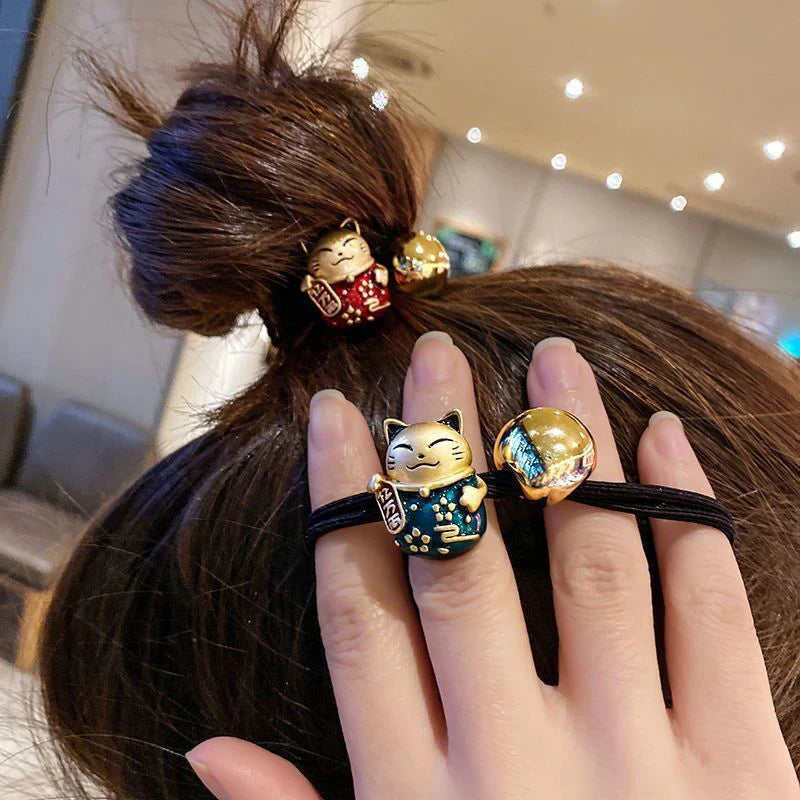 1Pc Cartoon Resin Lucky Cat Head Rope Bracelet Dual-Purpose Simple Ponytail Headdress Hair Tie Elastic Bands for Women Girl