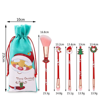 5/6-Piece Christmas Makeup Brush Set - Holiday Gift | Cute Santa Reindeer Christmas Tree Candy Cartoon Brushes