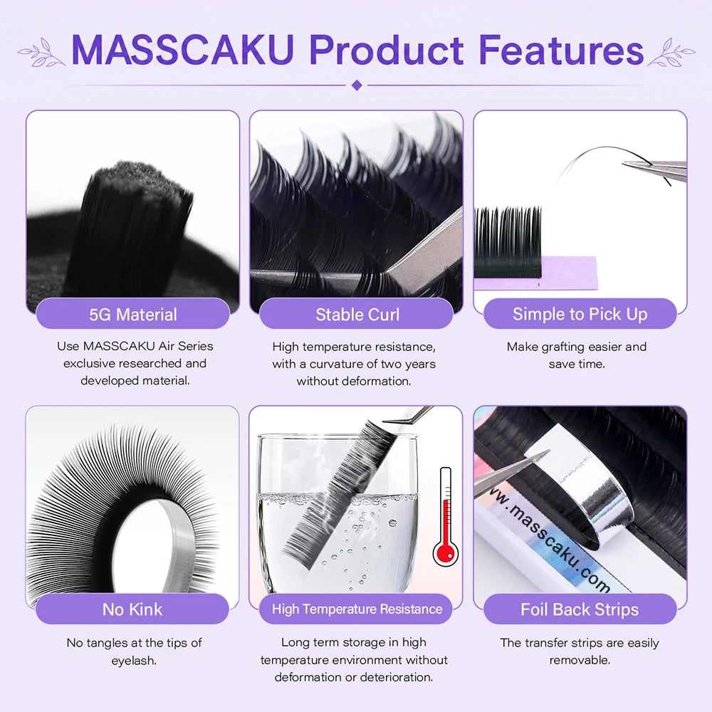 MASSCAKU Super Soft Ellipse Shape Lashes 0.15 0.20 Thickness Natural Faux Mink Eyelashes Extension Custom Logo Matte Flat Lashes