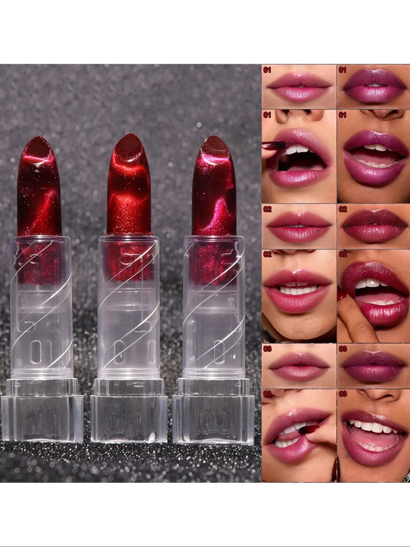 2pcs Moisturizing Cat Eye Lipstick Mirror Glitter Metallic Lipstick Diamond Pink Pearl Sparkling Lip Gloss Color Changing Lips
