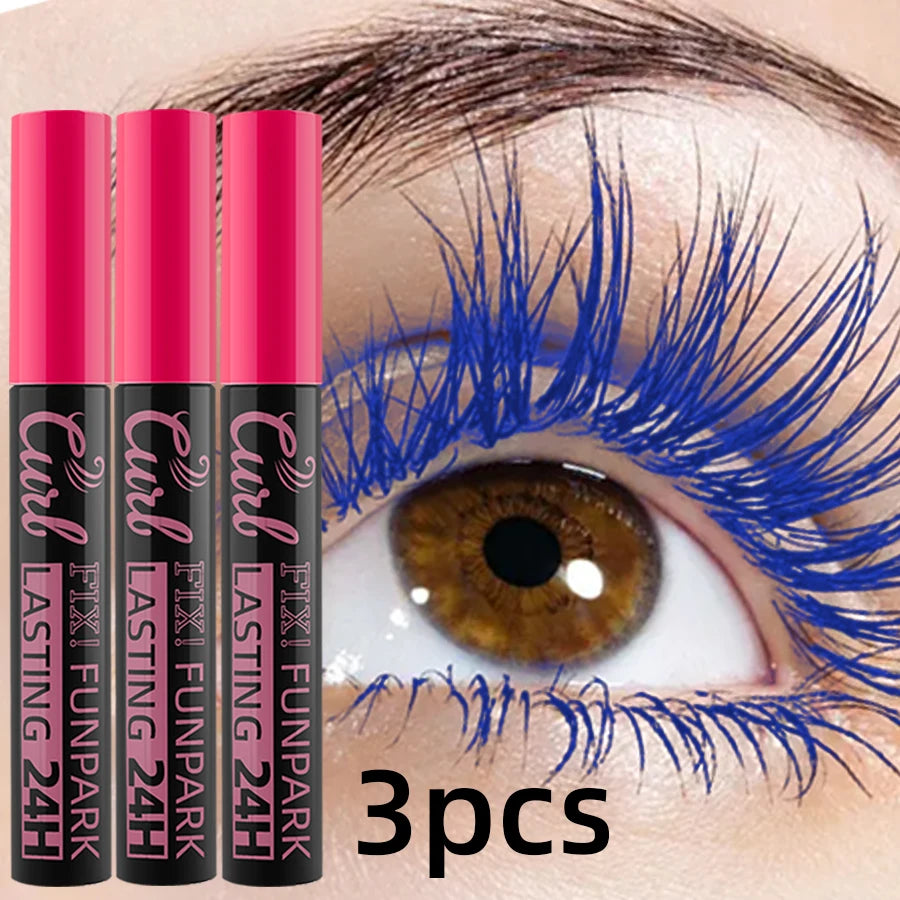 3pcs Colorful 3D Eye Blue Green Purple Mascara Waterproof Lengthens Eyelashes Extension Silk Fiber Mascare Long Lasting Eye Makeup for Women Cosmetic Korean Make up