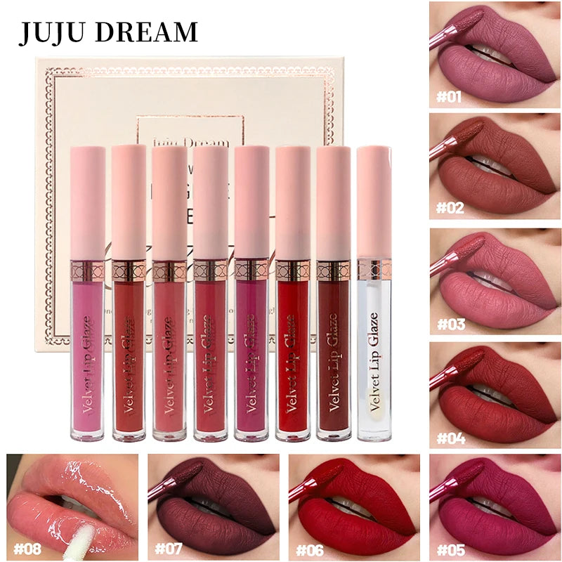 8 pcs matte liquid lipstick, lip glaze - waterproof, non-stick, long-lasting lip gloss, brown, pink, purple and red tones