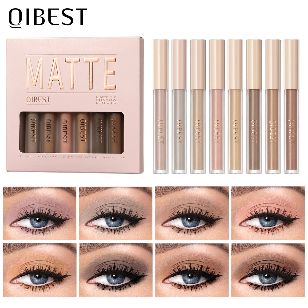 QIBEST 8 Color Matte Liquid Eyeshadow Set Long Lasting Waterproof Eye Shadows Quick-drying Nude White Eyeshadow Makeup Cosmetics