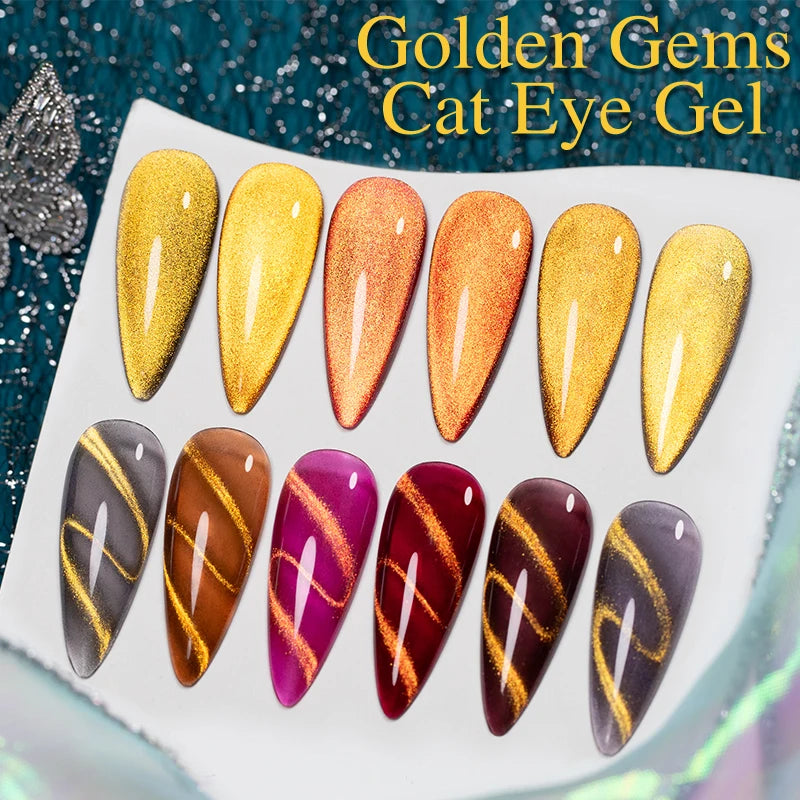 1- 6pc Golden Glitter Cat Magnetic Nail Gel Cat Eye Holographic Reflective Semi Permanent UV Gel Soak Off Sparkling Nail Art