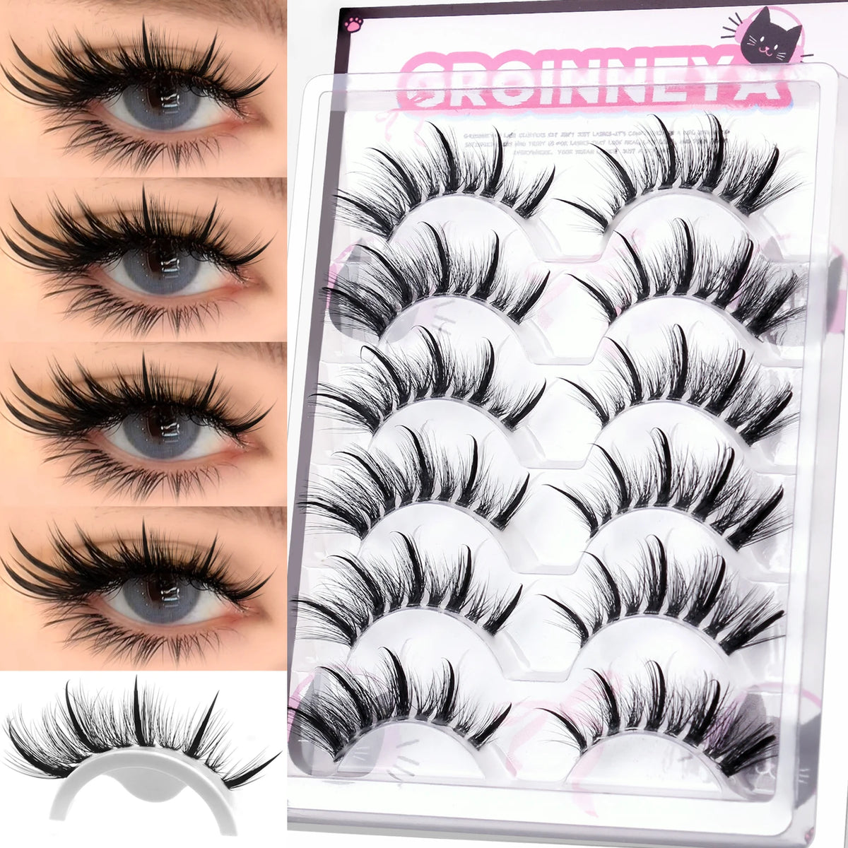 GROINNEYA Manga Eyelashes Natural Spiky Mink Lashes Natural Curl Full Strip Clear Stem Lashes Soft Fake Lashes Extension Makeup
