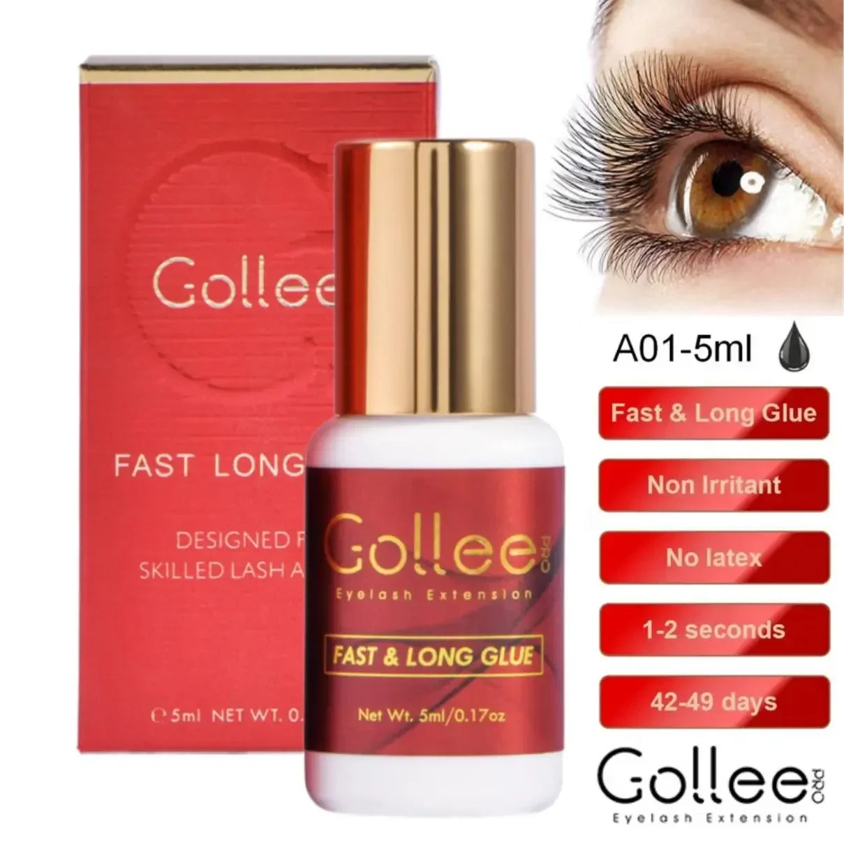 Gollee 0.5S Glue for Eyelashes Extra Strong Glue 50-60days Black Eyelash Glue Lash Extension Supplies Adhesive for Eyelash