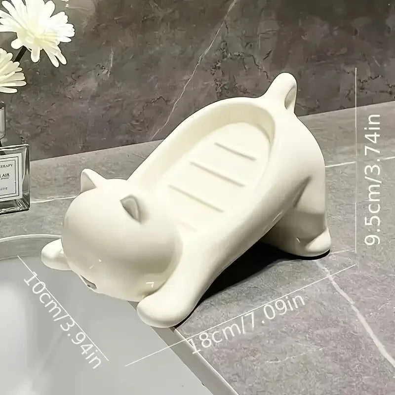 Decorative Plastic Soap Holder with Drainage, Cute Cartoon Cat Soap Dish for Bathroom, Ideal Storage for Soap and Sponges