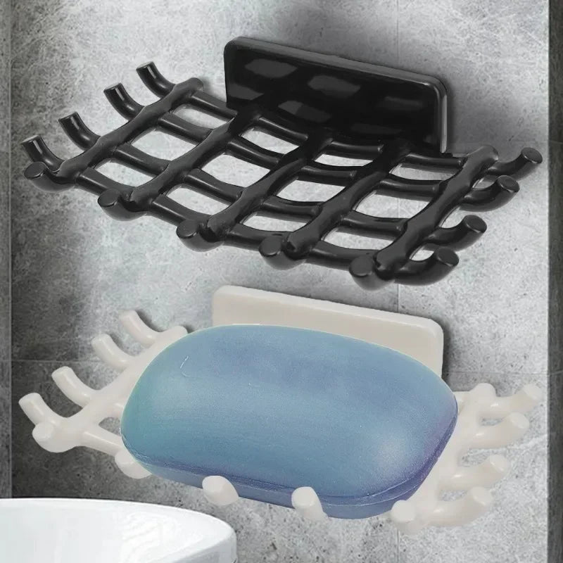 1Pc Wall Mounted Soap Bar Holder For Shower Self Adhesive Drain Soap Dish With Hooks Bathroom Kitchen Storage Rack Keep Soap Dry
