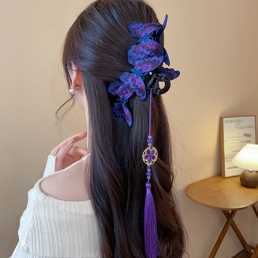 New Chinese Style Kniting Butterfly Hair Claws Women's Purple Long Flower Tassel Shark Grab Clips Vintage Hanfu Headpiece W