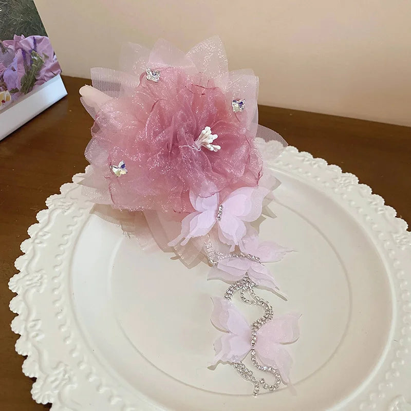 New Chinese Style Kniting Butterfly Hair Claws Women's Purple Long Flower Tassel Shark Grab Clips Vintage Hanfu Headpiece W