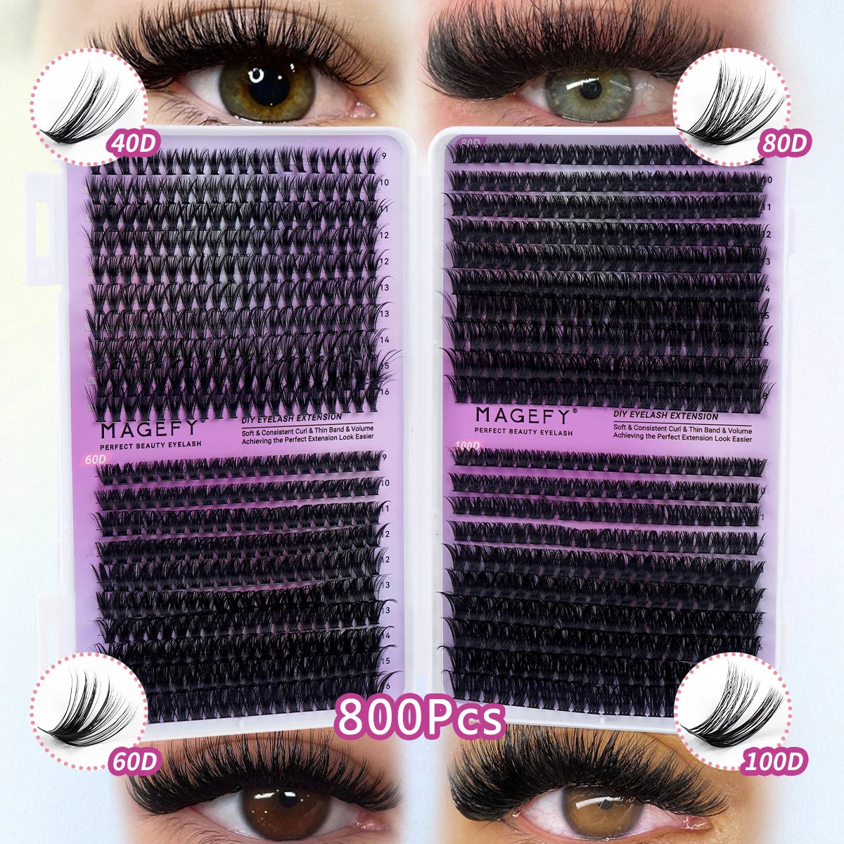MAGEFY DIY Lashes Extensions Kit 800pcs Lash Clusters 80D/100D Wispy Individual Lashes Mix 9-18mm Cluster Eyelash Extension
