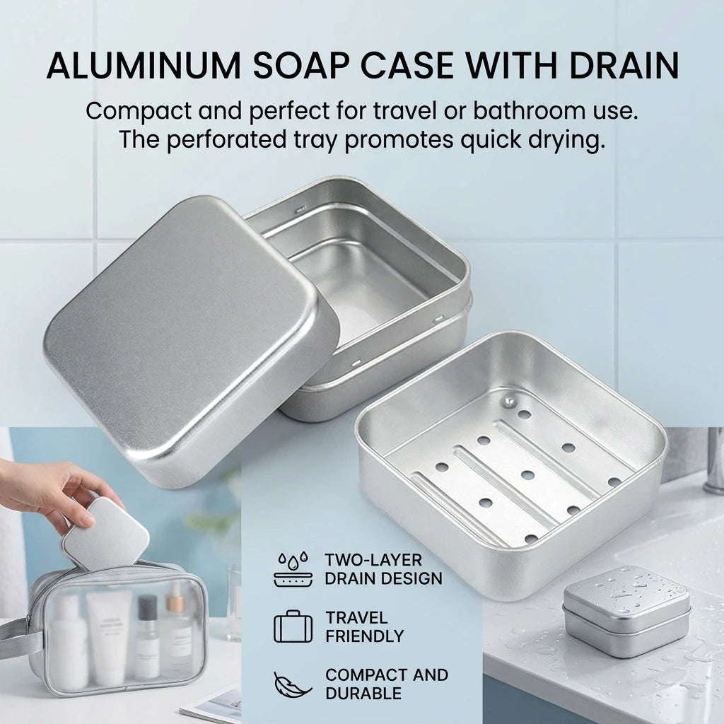 Travel Soap Case Aluminum Soap Box Double Layer Draining Holder Portable Rectangular Dish for Camping Hotel Bathroom Gear
