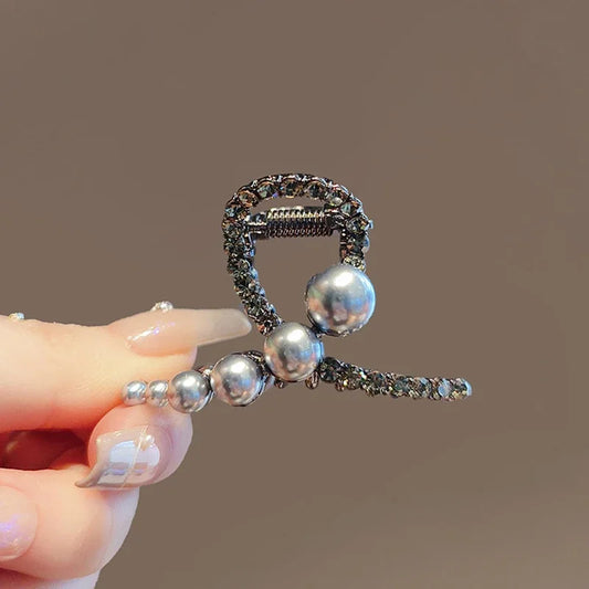 Temperament Pearls Rhinestone Geometric Cross Hair Claw High-end Women's Back of Head Half-tied Hair Grip Korean Style Hairpin