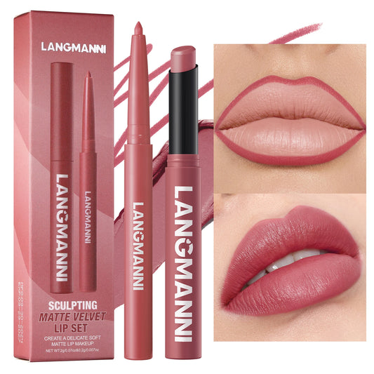 Integrated waterproof lipliner+lipstick lipstick lipstick set,no smudge,no fade,no cup,durable,easy to create a perfect makeup!