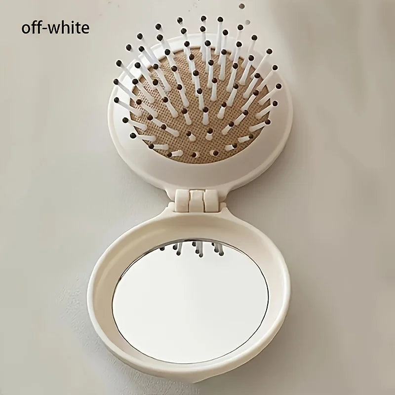 Mini Portable Folding Travel Hair Brush with Mirror for Women Lightweight Plastic Dual Fold Design for Outdoor Use Hand Washable