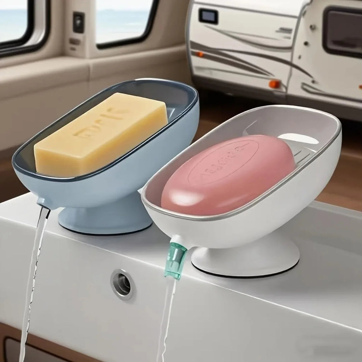 2-in-1 Bathroom Soap Holder with Suction Cups, Countertop Self Draining Soap Dish, Dual Storage for Round Square Large Soap