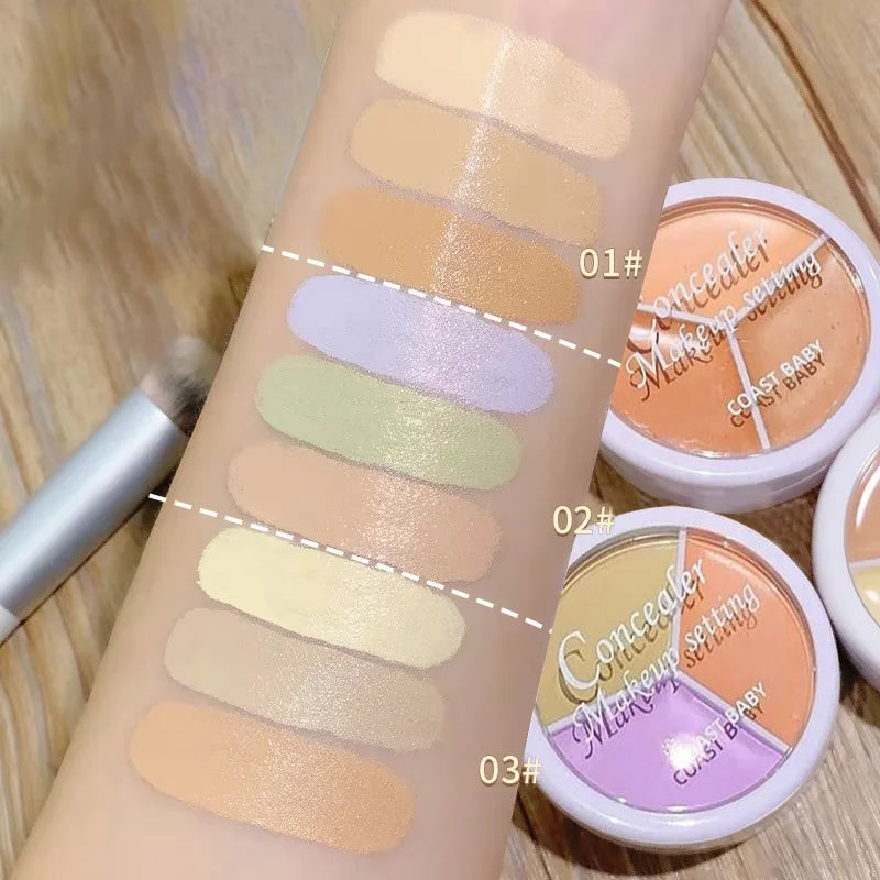 3 Color Concealer Waterproof Long Lasting Foundation Palette Full Coverage Dark Eye Circles Acne Marks Pores Brighten Skin Tone
